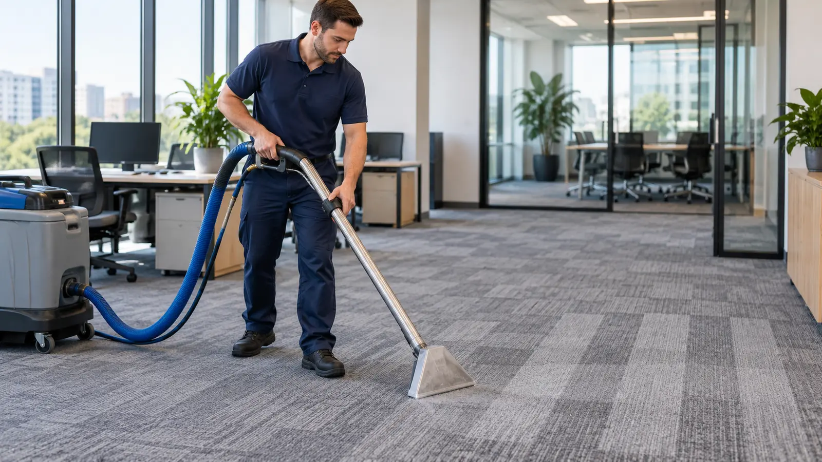 Illustrative photo of a technician cleaning carpet in a modern office