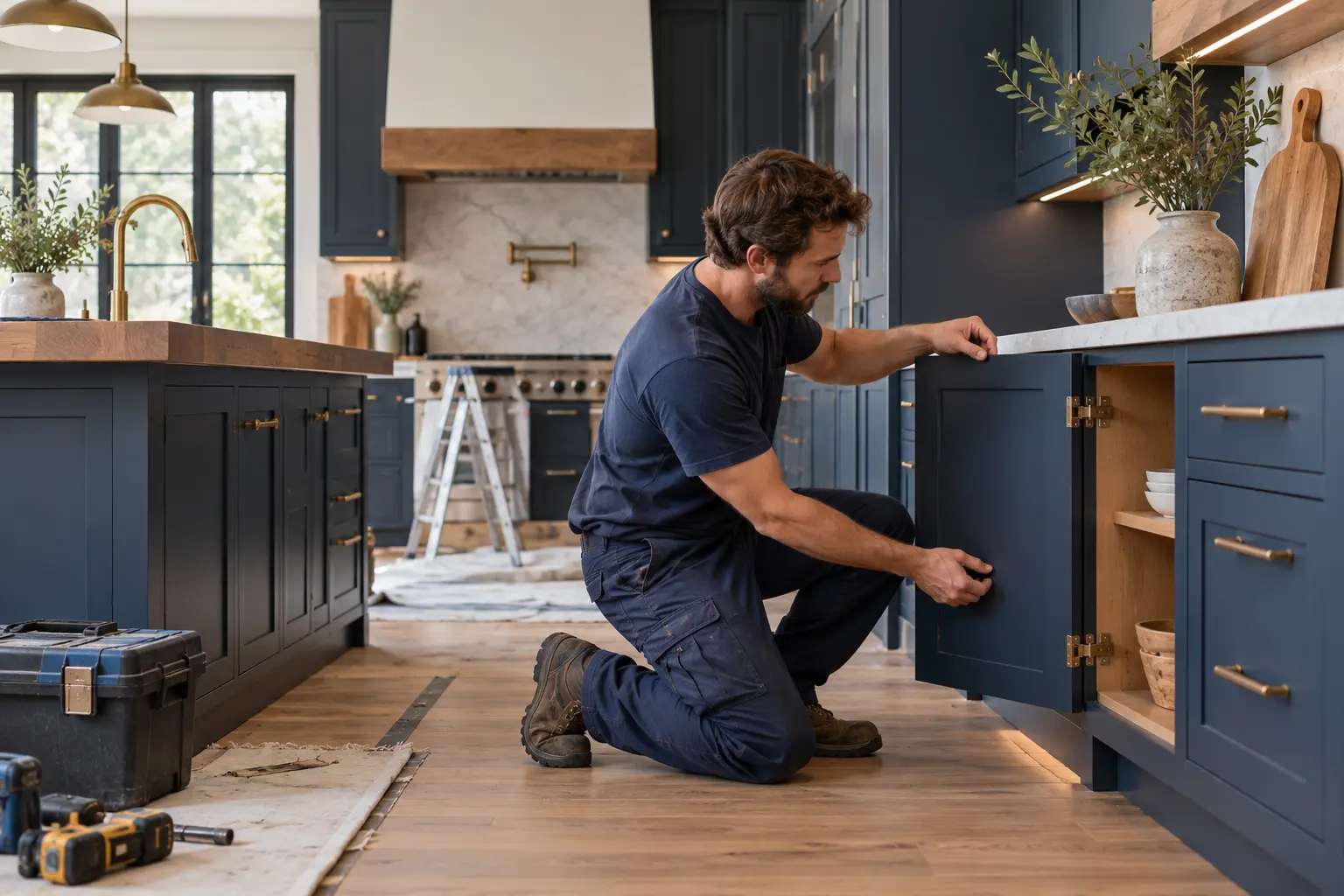 Illustrative photo of a craftsperson installing cabinetry in a kitchen remodel
