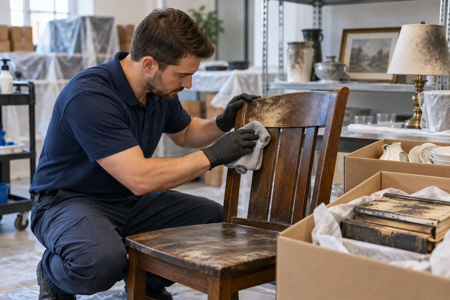 Illustrative photo of a technician cleaning smoke residue from household contents