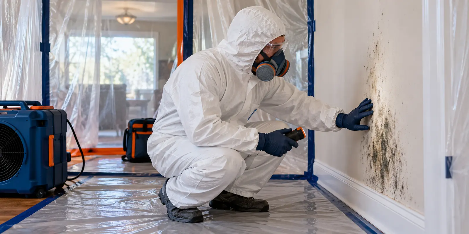 Illustrative image of a protected technician assessing mold in a contained area