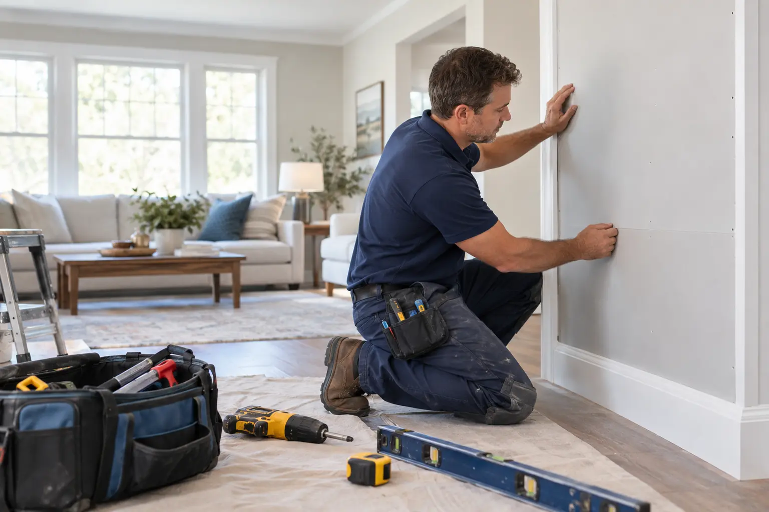 Illustrative photo of a contractor repairing drywall and trim after mitigation