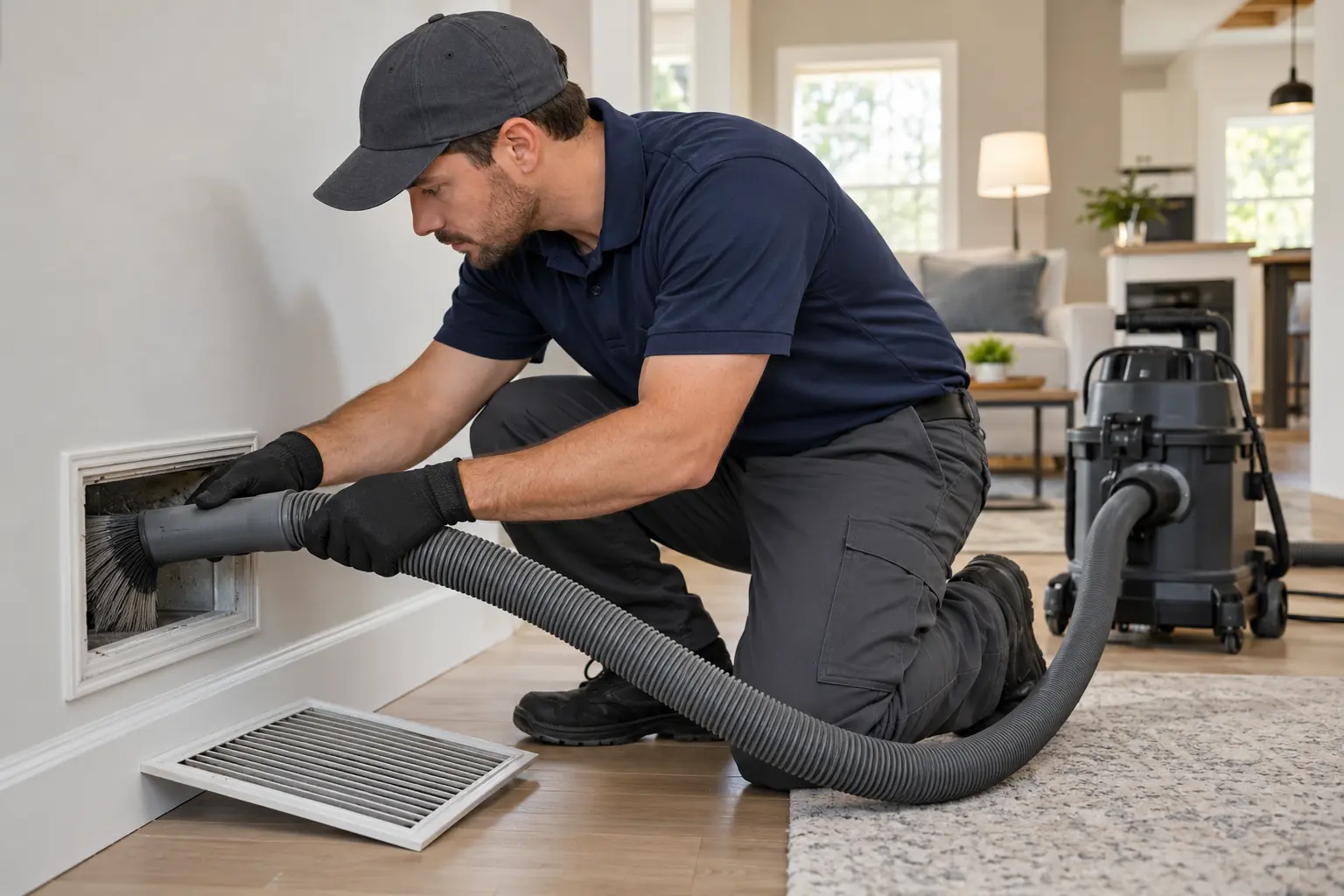 Illustrative photo of a technician inspecting and cleaning an air duct vent