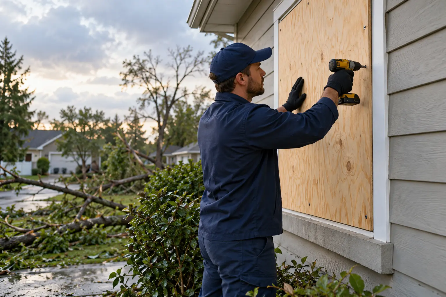 Illustrative photo of a technician installing temporary protection over a storm-damaged window