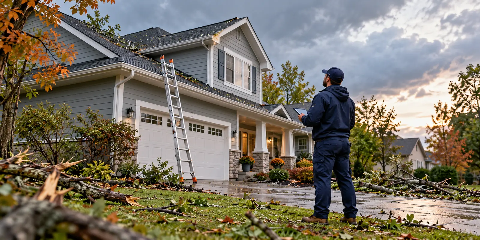 Illustrative image of a crew member inspecting a home after a windstorm