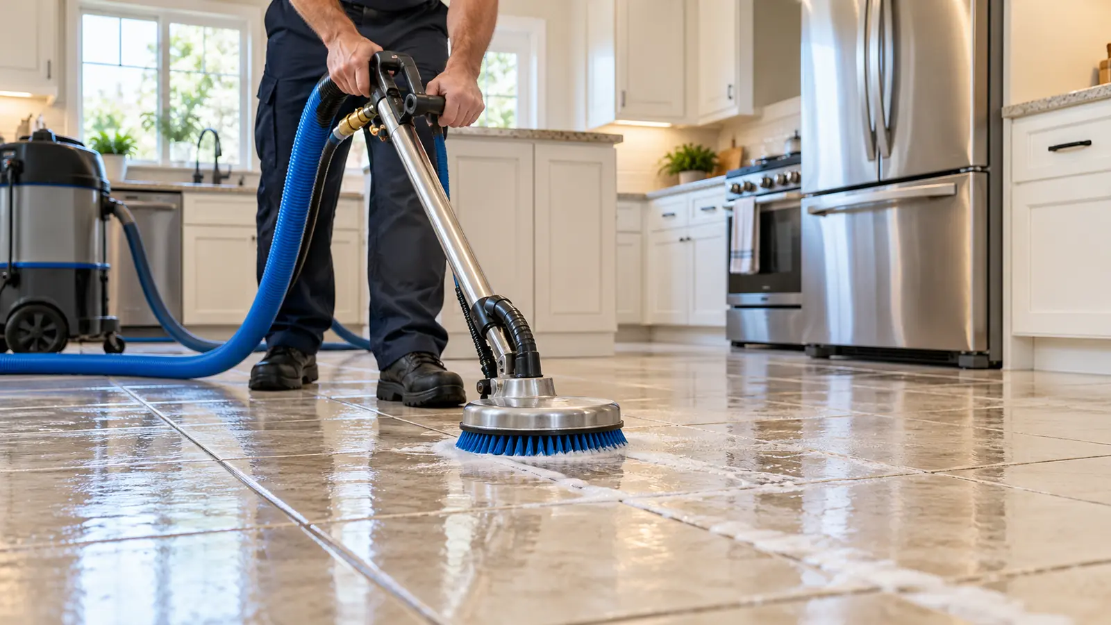 Illustrative photo of a technician cleaning tile and grout in a kitchen